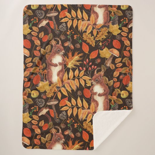 Herfst eekhoorns en flora op donkerbruin sherpa deken (Voorkant)