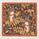Herfst eekhoorns en flora op donkerbruin sjaal<br><div class="desc">Handbeschilderde eekhoorns en herfst bosflora</div>