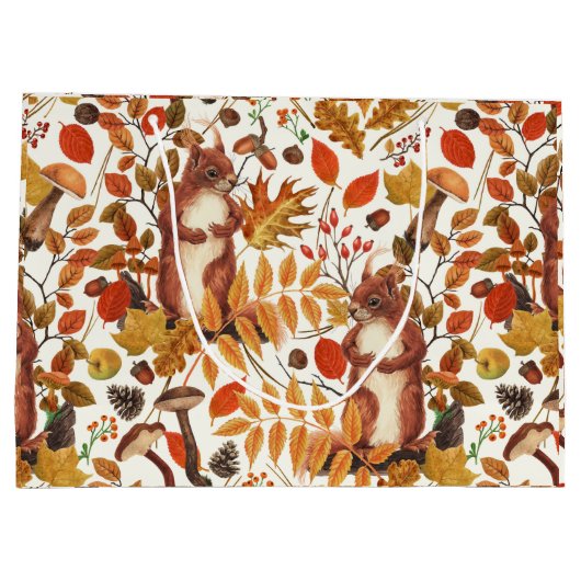 Herfst eekhoorns en herfst flora op off white groot cadeauzakje (Achterkant)