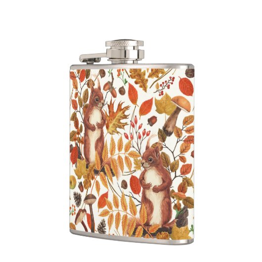 Herfst eekhoorns en herfst flora op off white heupfles (Links)