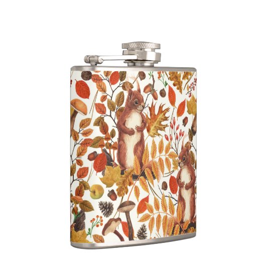 Herfst eekhoorns en herfst flora op off white heupfles (Rechts)