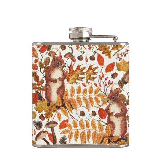 Herfst eekhoorns en herfst flora op off white heupfles (Achterkant)