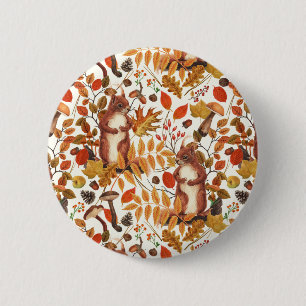 Herfst eekhoorns en herfst flora op off white ronde button 5,7 cm