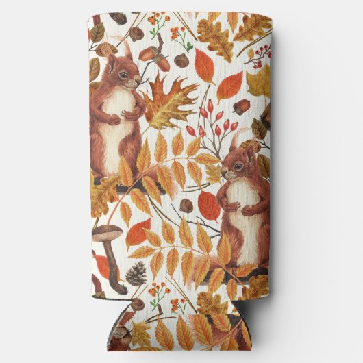 Herfst eekhoorns en herfst flora op off white seltzer blikjeskoeler (Achterkant)