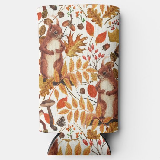 Herfst eekhoorns en herfst flora op off white seltzer blikjeskoeler (Voorkant)