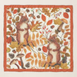 Herfst eekhoorns en herfst flora op off white sjaal<br><div class="desc">Handbeschilderde eekhoorns en herfst bosflora</div>