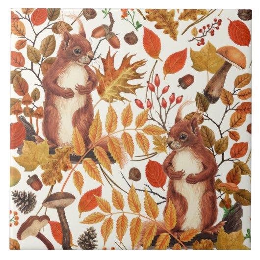 Herfst eekhoorns en herfst flora op off white tegeltje (Voorkant)