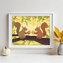 Herfst Eekhoorns en Yellow Tree Art Print