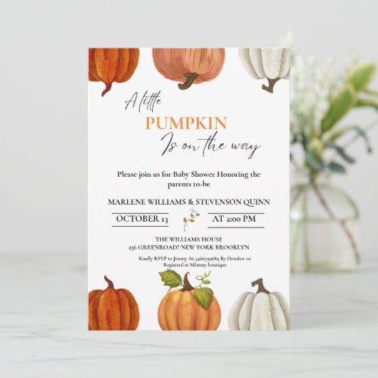 Herfst Een kleine pompoen op de weg baby shower Kaart (Staand voorkant)