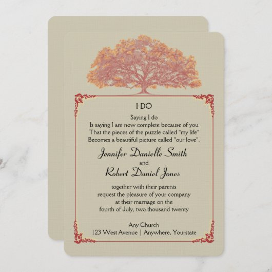 Herfst eik boom bruiloft uitnodiging (Voorkant / Achterkant)