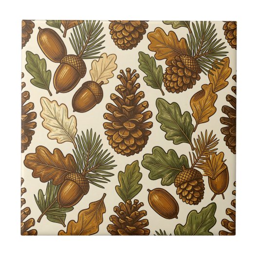 Herfst Eikel Denneappel Eikenblad Patroon Tegeltje (Voorkant)