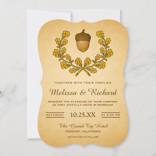 Herfst eikel eikenbladeren krans bruiloft uitnodig kaart (Voorkant)
