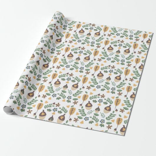 Herfst Eikels Bloemige Groene Inpakpapier (Uitgerold)