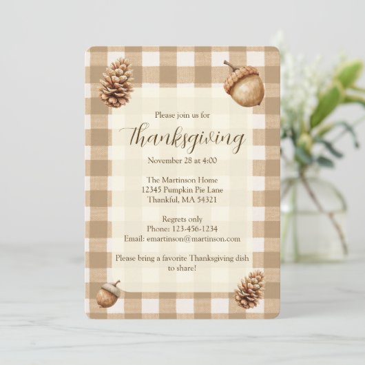 Herfst eikels dennenappels bruin gingham Thanksgiv Kaart (Staand voorkant)