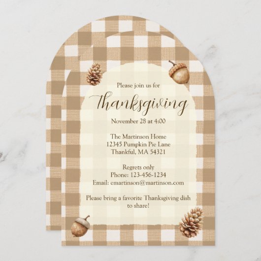 Herfst eikels dennenappels gingham Thanksgiving bo Kaart (Voorkant / Achterkant)