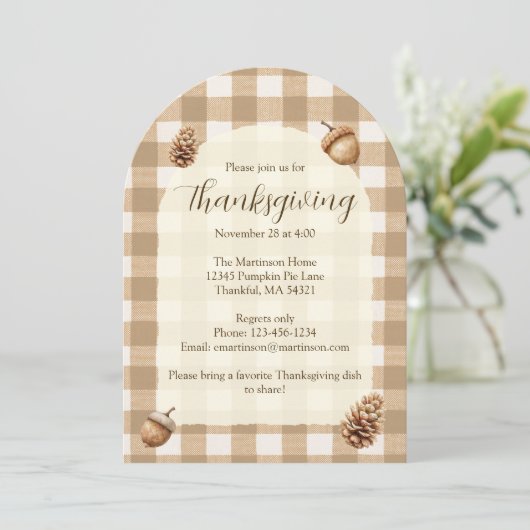 Herfst eikels dennenappels gingham Thanksgiving bo Kaart (Staand voorkant)