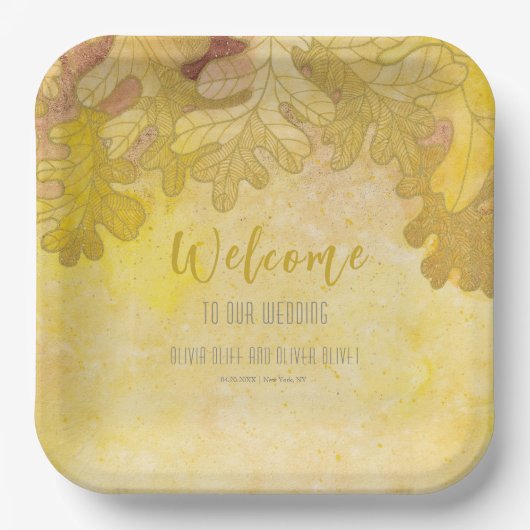 Herfst eiken bladeren bruiloft welkom papieren bordje (Voorkant)