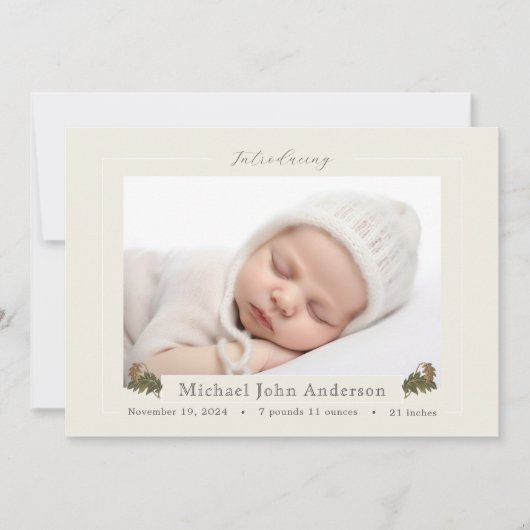 Herfst eiken bladeren ivoor foto geboorte aankondi kaart (Voorkant)