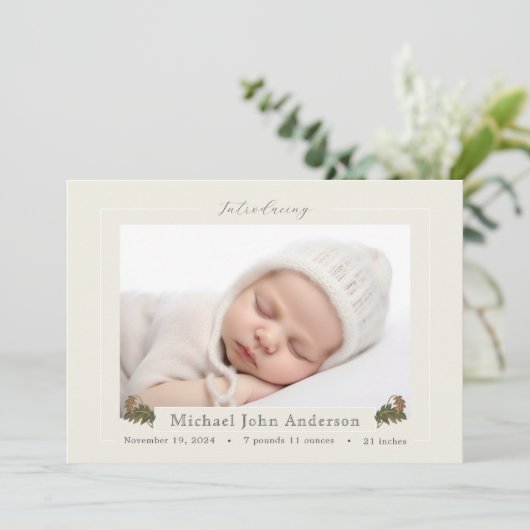 Herfst eiken bladeren ivoor foto geboorte aankondi kaart (Staand voorkant)