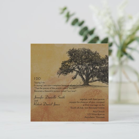 Herfst Eiken Boom en String Lights Bruiloft Kaart (Staand voorkant)