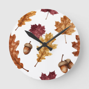 Herfst Eikenbladeren Eikel Watercolor Patroon Ronde Klok
