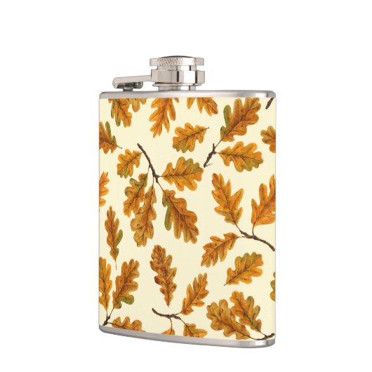 Herfst eikenbladeren op gebroken wit heupfles (Links)