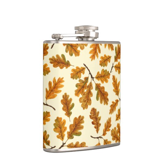 Herfst eikenbladeren op gebroken wit heupfles (Rechts)