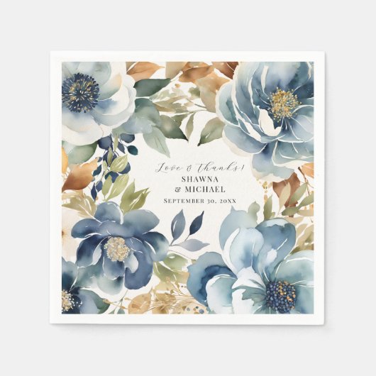 Herfst Elegante Blauwe Bloemige Moderne Trouw Servet (Voorkant)