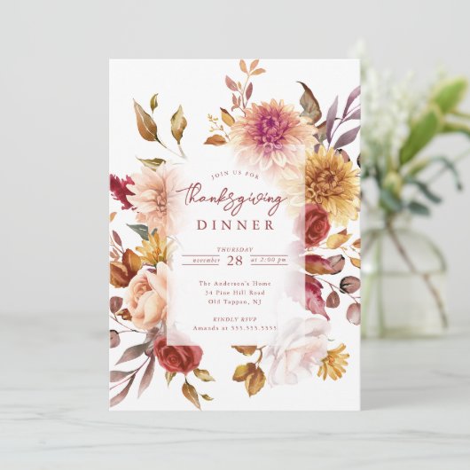 Herfst Elegantie Bloemen Thanksgiving Uitnodiging (Staand voorkant)