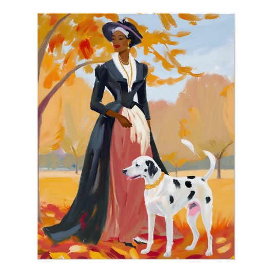 Herfst Elegantie: Vrouw met Dalmatiër in Regentsch Perfect Poster (Voorkant)