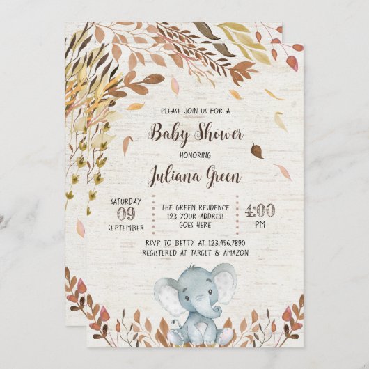 Herfst Elephant Baby shower Kaart (Voorkant / Achterkant)