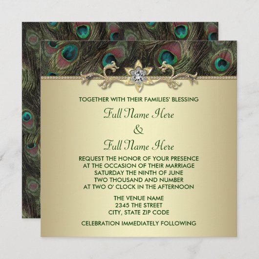 Herfst Emerald Green Gold Pauw bruiloft Kaart (Voorkant / Achterkant)
