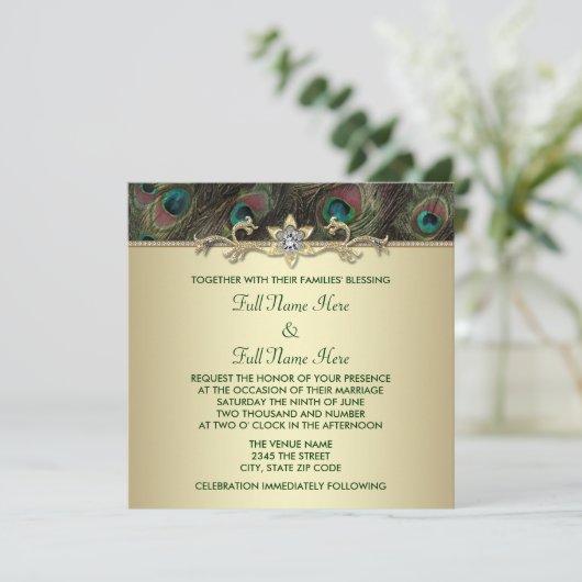Herfst Emerald Green Gold Pauw bruiloft Kaart (Staand voorkant)