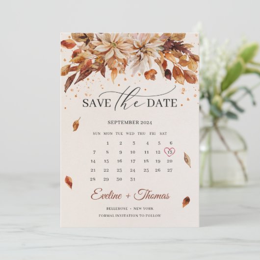 Herfst en herfst Flowers Marigold Calendar Boho Save The Date (Staand voorkant)