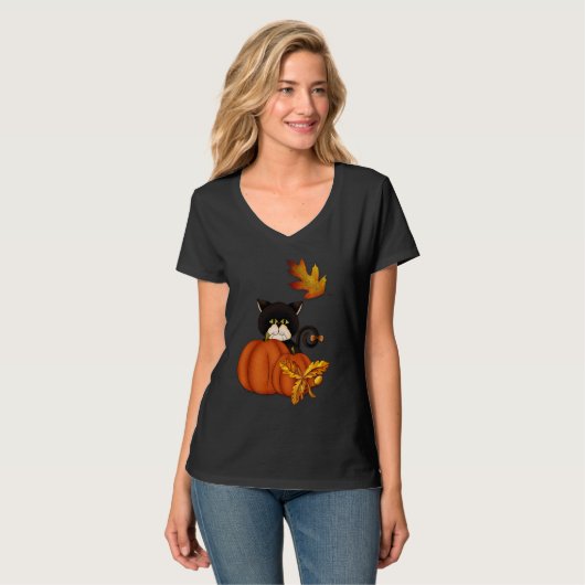 Herfst en Oogst Zwarte Kat T-shirt (Voorkant volledig)