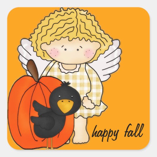 Herfst Engel met Pompoen & Kraai - Happy Herfst Vierkante Sticker (Voorkant)