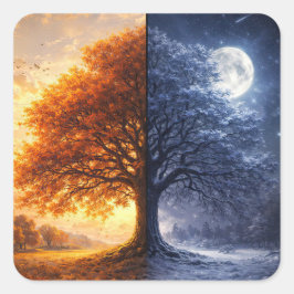 Herfst Equinox en Winter Boom Maan Dag Nacht Vierkante Sticker