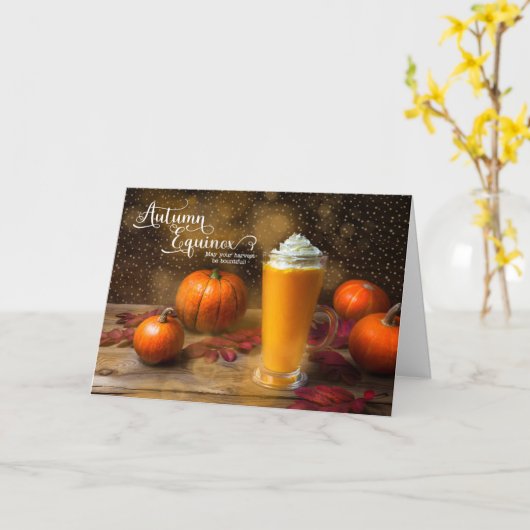 Herfst Equinox Pompoen Latte Oogst Kleuren Kaart (Gele Bloem)