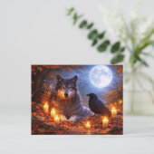 Herfst Equinox Wolf Uil Raaf Maan Briefkaart (Staand voorkant)