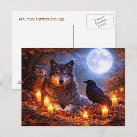 Herfst Equinox Wolf Uil Raaf Maan Briefkaart (Voorkant / Achterkant)