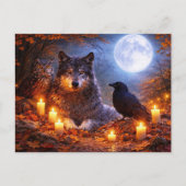 Herfst Equinox Wolf Uil Raaf Maan Briefkaart (Voorkant)