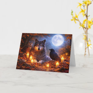 Herfst Equinox Wolf Uil Raaf Maan en Kaarsen Kaart