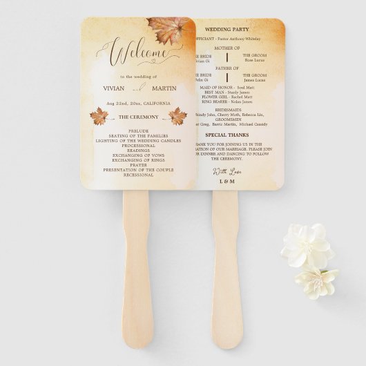 herfst esdoorn blad roest Waterverf bruiloft progr Handwaaier (Voorkant en achterkant)