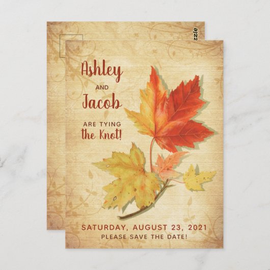 herfst esdoorn bladeren bruiloft opslaan van de d briefkaart (Voorkant / Achterkant)