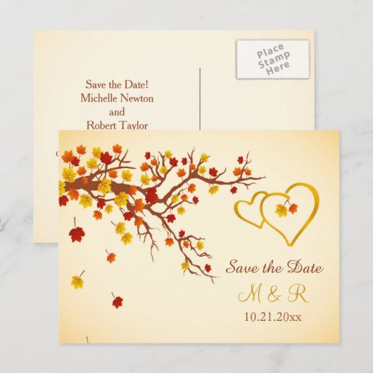 Herfst esdoorn bladeren, harten Save the Date Aankondigingskaart (Voorkant / Achterkant)