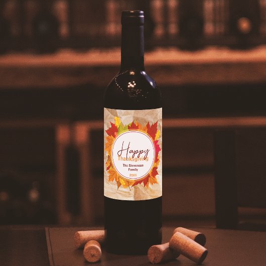 Herfst esdoorn bladeren op papier textuur Thanksgi Wijn Etiket