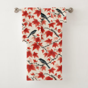 Herfst esdoorn en vogels Japanse Kunst Bad Handdoek