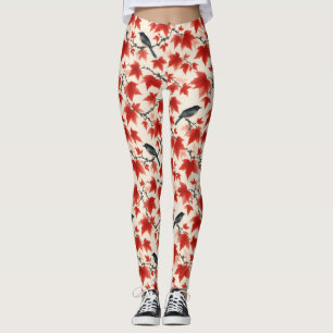 Herfst esdoorn en vogels Japanse Kunst Leggings