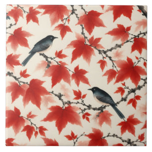 Herfst esdoorn en vogels Japanse Kunst Tegeltje