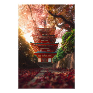 Herfst Esdoorn Pagode Tempel Trap Gloed Foto Afdruk